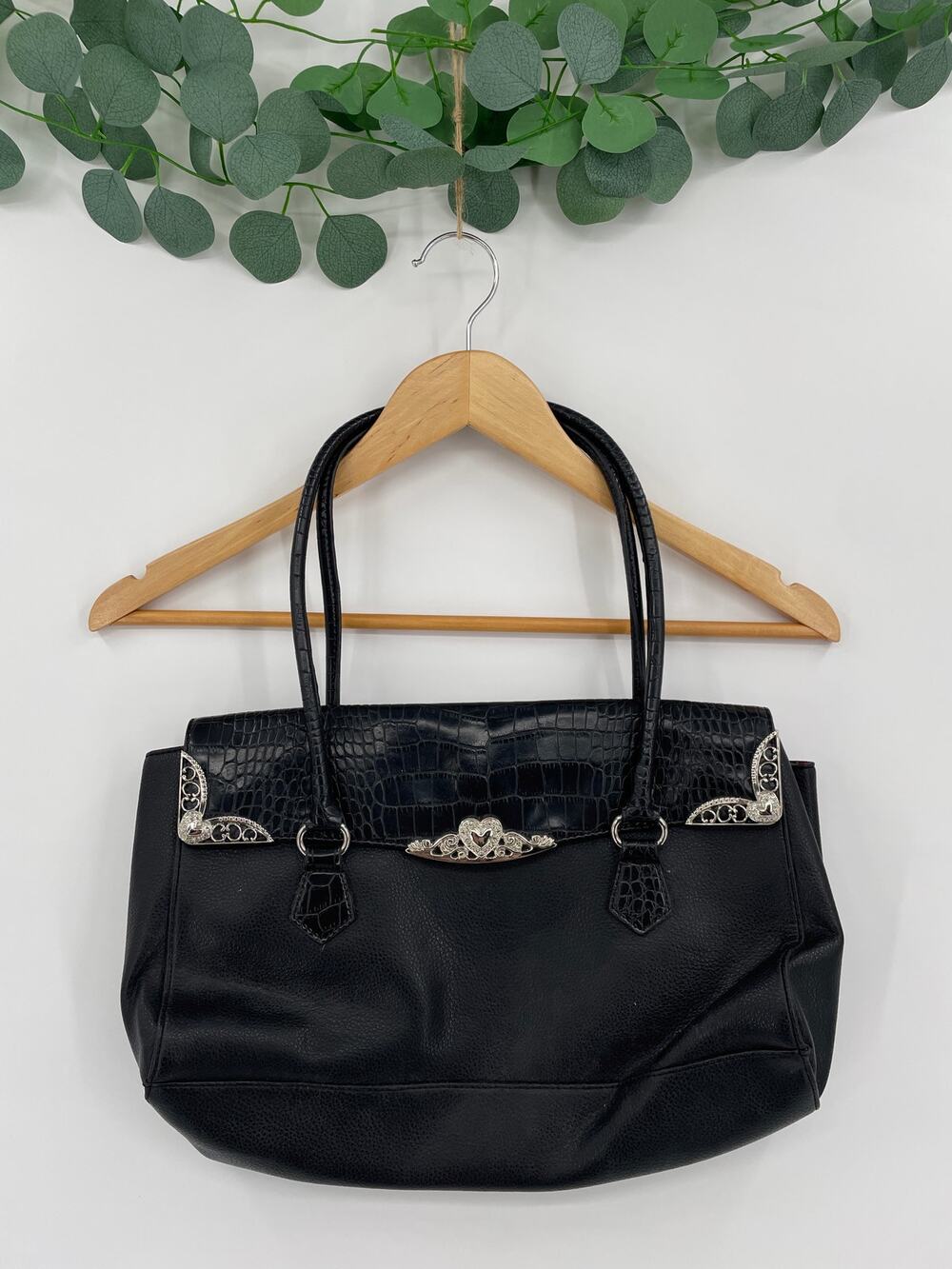Vintage Style Black Vegan Crocodile Leather Shoulder Bag